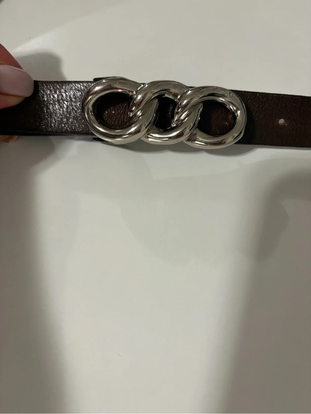 LANDES Brown Leather Women Belt Metal Silver Chain Buckle Statement Chunky S/P